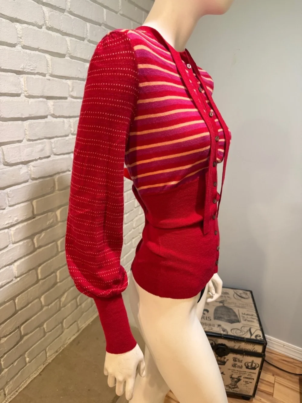 Free People Red Stripe Tie Neck Sweater S NWOT Boho Knit Blouse - Picture 4 of 14